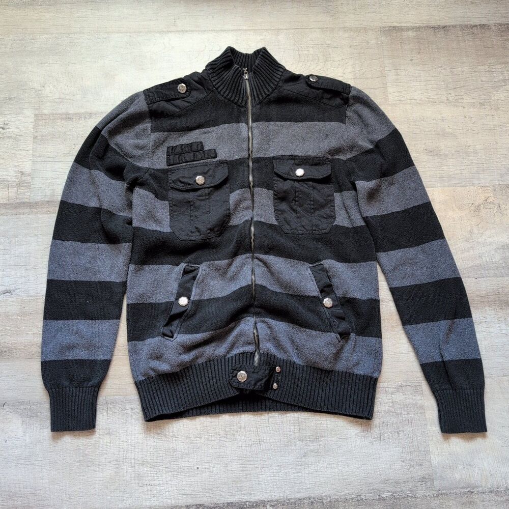 WT02 Full Zip Sweater Mens L Black Grey Striped